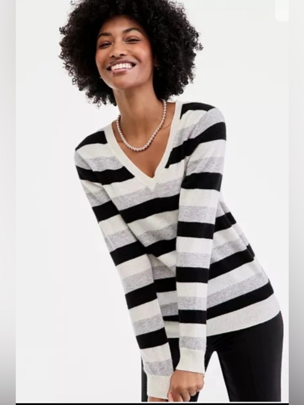Charter Club NWT Black, White & Light Gray V-Neck 100% Cashmere Striped Sweater